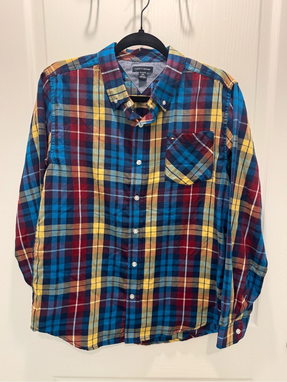 Tommy Hilfiger Boys XL 20 Plaid Button Down Shirt Blue Red Yellow - EUC